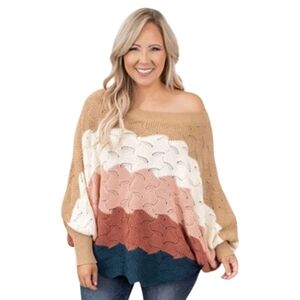 ChicSoul Crochet Oversized Off The Shoulder Open Knit Sweater Sz.1X Cotton Blend